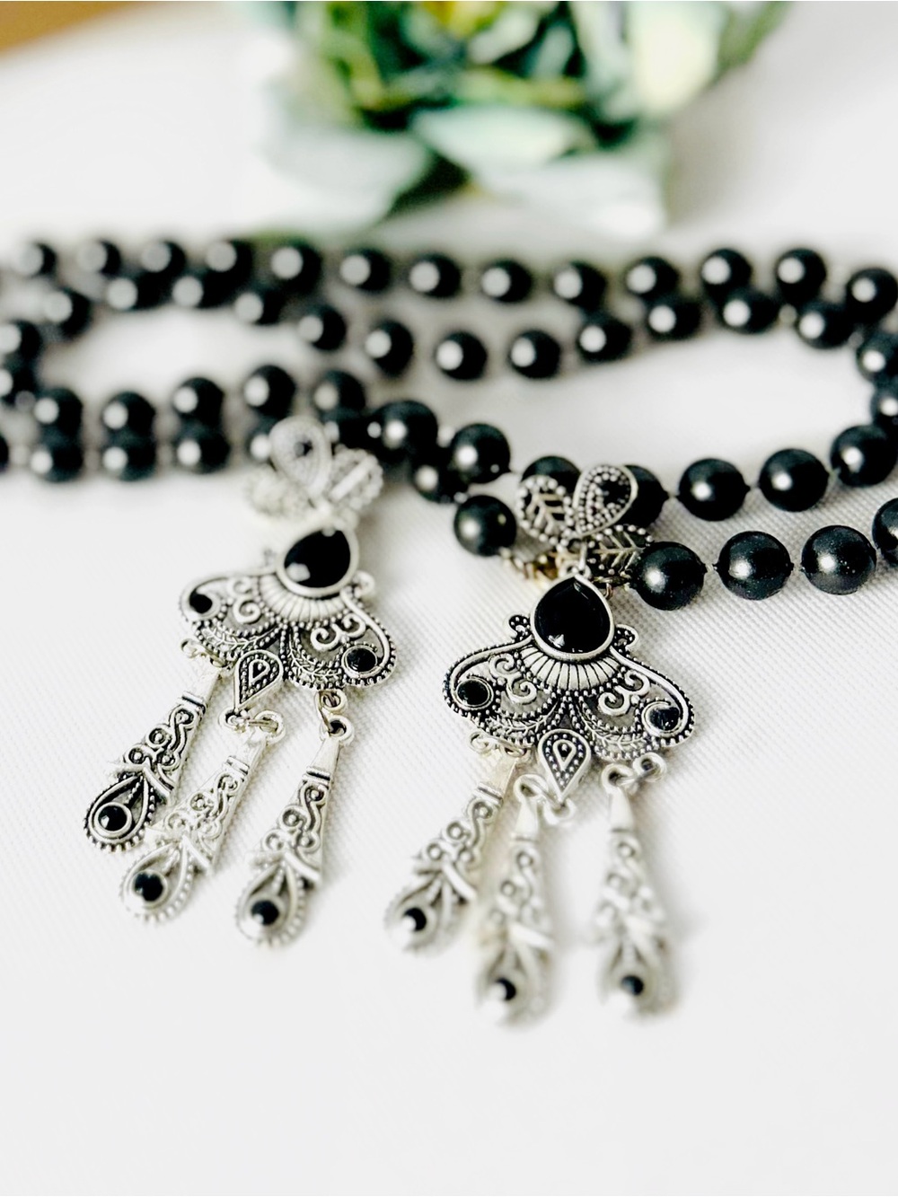 Black Beaded Necklace & Silver-tone Filigree Black Faux Stone Dangling Earrings